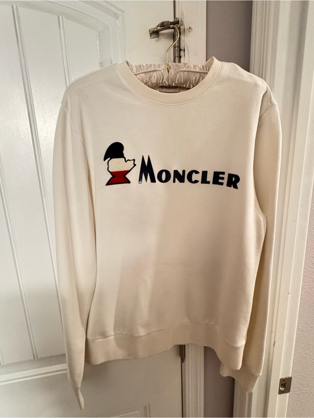 Moncler Cream Crewneck Sweatshirt with Black and Red Logo Patch